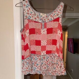 Umgee Patchwork Sleeveless Top with Floral Patterns